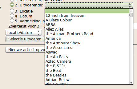 view of artist selector for concerts