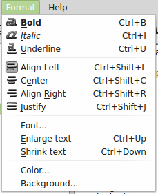 menu options for text formatting