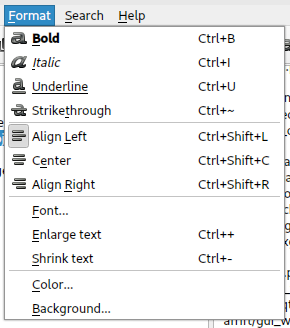 menu options for text formatting