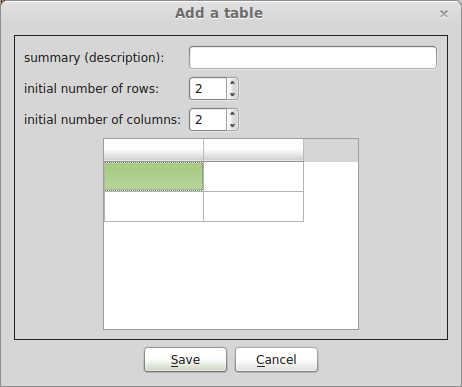 add table dialog