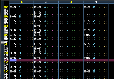 picture of a music pattern shown in a tracker